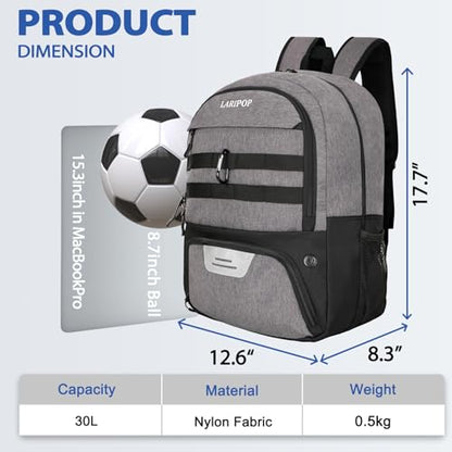 LARIPOP Soccer Backpack with Ball Holder & Shoe Compartment Large Capacity Sports Bag for Training - color: Light gray