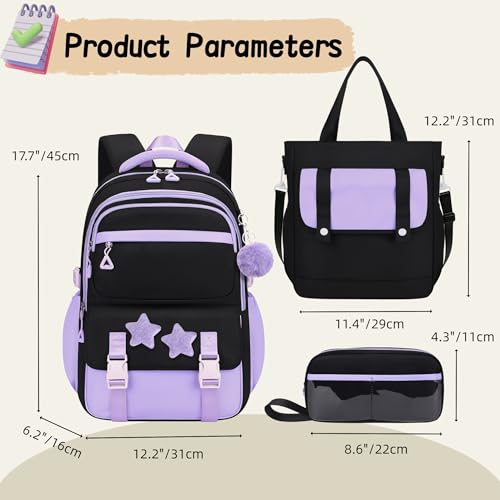 3Pcs Kids Backpack for Girls, Teen Girls Backpack Set with Tote Bag for Elementary Middle School Kids, with Star Pins and Furry Pendant, A08-3Pcs Purple - color: A08-3pcs Purple