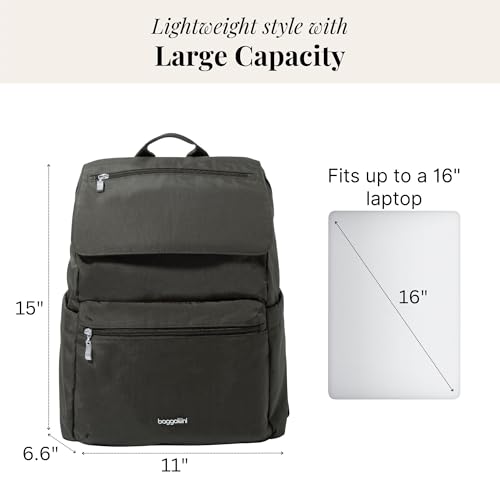 Baggallini Flap Laptop Backpack - 15"x11" Lightweight Work Travel Bag w/Luggage Sleeve & RFID - color: Charcoal