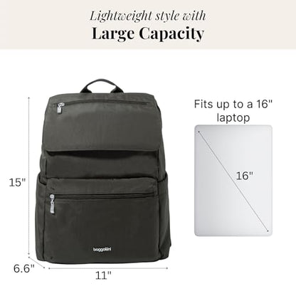Baggallini Flap Laptop Backpack - 15"x11" Lightweight Work Travel Bag w/Luggage Sleeve & RFID - color: Charcoal
