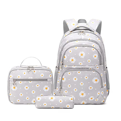 YJMKOI 3Pcs Daisy Prints Backpack for Girls Middle-School Elementary Students Bookbag Set with Lunch Box (Grey) - color: Grey