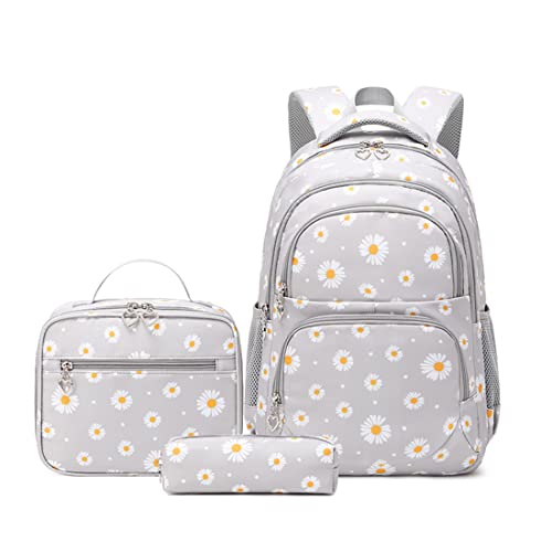 YJMKOI 3Pcs Daisy Prints Backpack for Girls Middle-School Elementary Students Bookbag Set with Lunch Box (Grey) - color: Grey
