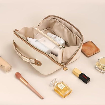 Prite Makeup Bag for Women Travel Waterproof Vegan Leather Cosmetic Bag Open Flat Toiletry Bag With Clear Divider and Handle (Beige, Large) - color: Beige, size: Large