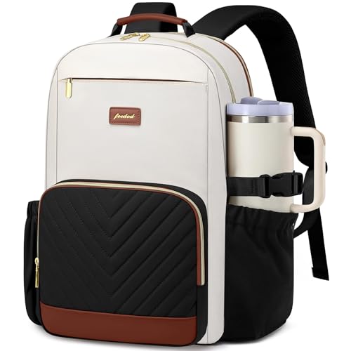 Laptop Backpack for Women Bookbag: 15.6 inch Work School Backpacks with Pouch Pocket for Large Capacity Cup & USB Charger College Book Bag Travel Business Nurse Teacher Bookbags Anti-theft Back Pack - color: 1-black Beige, size: 15.6 inch