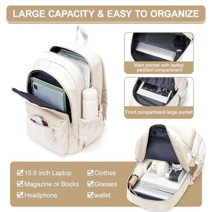 Casual Laptop Backpack for Women Men College Bookbag Waterproof Lightweight School Bag 15.6inch Laptop Daypack Large Capacity School Backpack for Teens Boys Girls (beige) - color: Beige