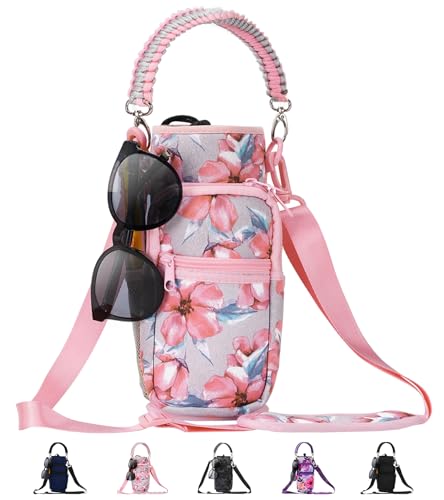 AceTreker 32/40/64/87/128 oz Water Bottle Carrier Bag, Neoprene Water Bottle Sleeve with 4 Pocket, Sport Water Holder with Paracord Handle and Shoulder Strap for Walking Hiking Camping Gym - color: 06.Pink Flowers, style: 16-40 Oz
