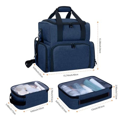 Large Makeup Cosmetic Bag with 3 Removable Case and 2 Removable Dividers Double Layer Travel Storage Organizer, Makeup Brushes Storage Section Blue - color: Blue