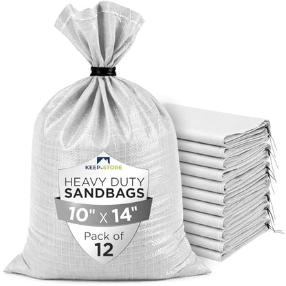 Heavy Duty Sand Bags Pack of 12, White Empty Sandbags with Built-In Ties, Woven Polypropylene UV Protection 1600 Hours, Fillable Bags for Flood Control, Weight, 10x14 inches, 15 Pounds Volume - size: 10"W x 14"L, style: Pack of 12