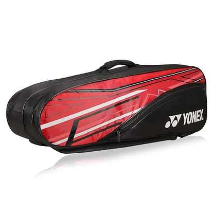 Yonex Stylish Badminton Kit-Bag |Double Zipper Compartment for Storage of 6 Rackets and Clothes|Side Pocket |Back Straps |Accessories Compartment |Made in India - color: RED BLACK