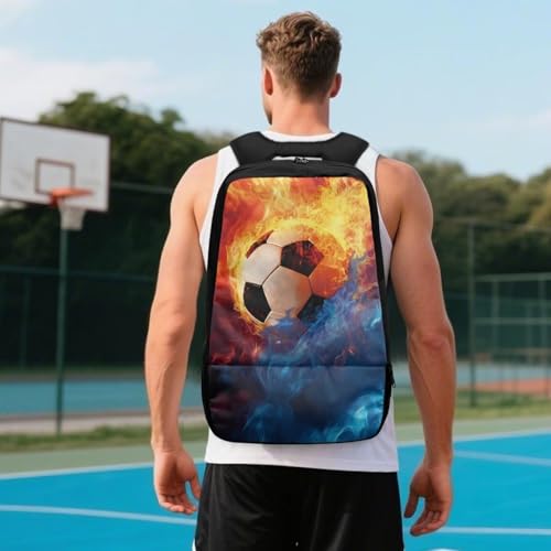 18.5in Basketball Backpack Basketball Bag with Shoe Compartment & Ball Holder, Waterproof Bag for Soccer Volleyball - color: Realistic Soccer Flame Print