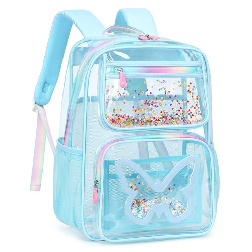Clear Backpack for School,Large Bookbag Heavy Duty See Through Butterfly Backpacks for Girls Stadium Approved Daypack Transparent Shoulder Bags for Students,Teens,Women,Work,Travel,Concert Blue - color: Blue