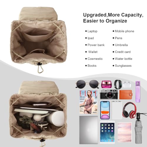 XSUIOY Quilted Backpack Purse for Women Small Lightweight Puffer Puffy College Laptop Backpack Nylon Casual Bookbag Daypack Top Flap Drawstring Padding Hiker Travel Gym Backpack(Khaki) - color: Khaki