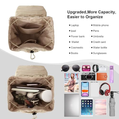 XSUIOY Quilted Backpack Purse for Women Small Lightweight Puffer Puffy College Laptop Backpack Nylon Casual Bookbag Daypack Top Flap Drawstring Padding Hiker Travel Gym Backpack(Khaki) - color: Khaki