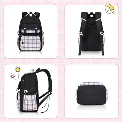 MUSEVOS Girls Backpack with Lunch Bag, Elementary Middle School Backpack, Large Capacity Kids Bookbag 3 Pcs Set - color: Blackpink-3pcs-set