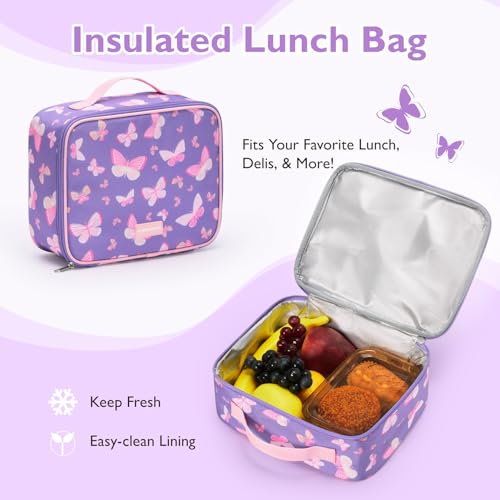 mommore Kids Backpack for Boys Girls 4-8 Kindergarten Elementary School Backpack with Lunch Box - 15” H Fit Folder - color: Purple Butterfly, style: 2 Pcs