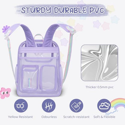 Clear Backpack for Stadium Events, Large Heavy Duty PVC Transparent Backpacks for Girls Women, See Through Backpack for School, Purple