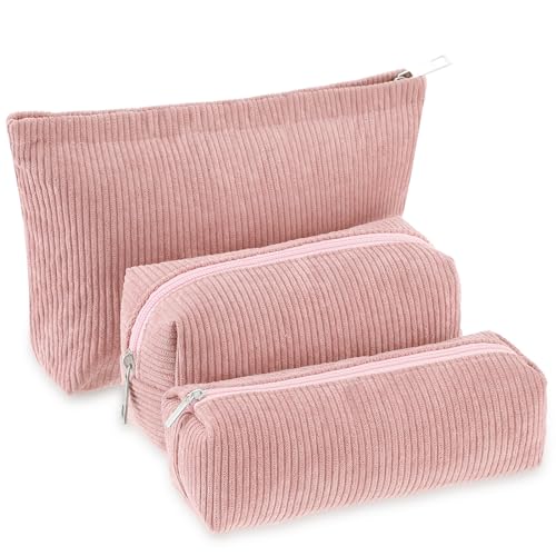 Huhumy 3 Pcs Makeup Bag Set for Women Corduroy Cosmetic Pouch Aesthetic Smile Travel Toiletry Bag Cute Purse Pouch Pencil Case Makeup Brushes Storage Organizer with Zipper(Pink,Solid Style) - color: Pink, style: Solid Style