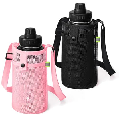 BINSUNS 2 Pcs Large Water Bottle Bag with Strap, Mesh Water Bottle Carrier Holder Crossbody Water Sling Bag Shoulder Strap and Pocket - Walking Sports Hiking Camping (Black+Pink) - color: Black+Pink, size: 2 Pcs-Large