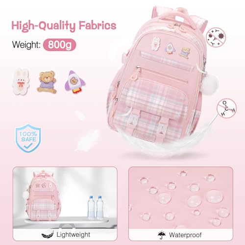 3PCS School Backpack for Girls, Girls Backpack with Lunch Box, Pencil Case, Cute Kawaii Plaid Book Bag for Teen Girl Kindergarten Elementary Preschool Middle High School, Pink - color: Pink