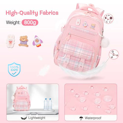 3PCS School Backpack for Girls, Girls Backpack with Lunch Box, Pencil Case, Cute Kawaii Plaid Book Bag for Teen Girl Kindergarten Elementary Preschool Middle High School, Pink - color: Pink