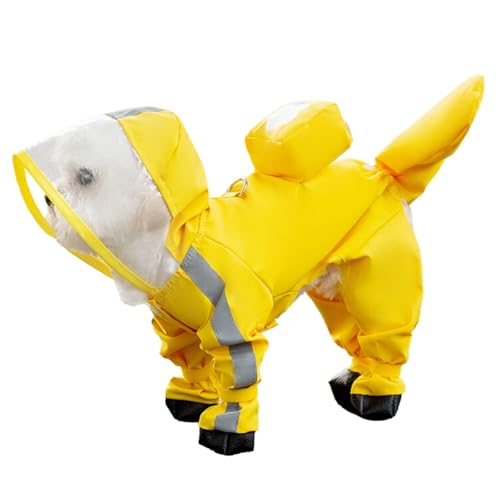 Junchl Small Dog Raincoat Rainboots with D-Ring, Full Coverage Dog Rain Jacket Slicker Poncho, Waterproof Dog Rain Jacket with Reflective Strip, Rainboot, Tail Cover Yellow Backpack M - color: Yellow Backpack, size: M:Back 12"(5-8lb)