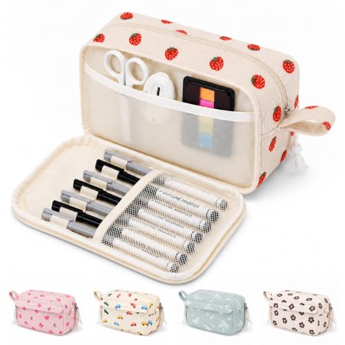 Big Capacity Pencil case,Soft Corduroy Pencil Bag with 3 Compartment,Pencil Pouch School Supplies Cute Pencil Box Pencil Bag for Teen Girls Boys College (Strawberry) - color: Strawberry