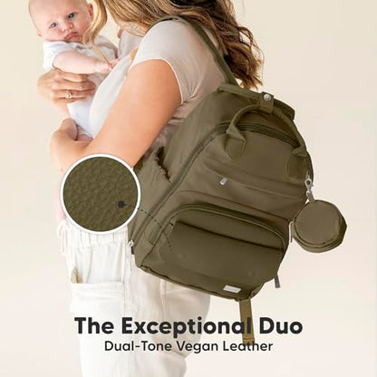 KeaBabies Diaper Bag Backpack - Small Multifunctional Travel Diaper Back Packs, Maternity Baby Changing Bags, 12L Capacity, PU Leather, Waterproof, Unisex, Nappy Changing Pad (Dark Olive, Small) - color: Dark Olive, style: Small / 13" H