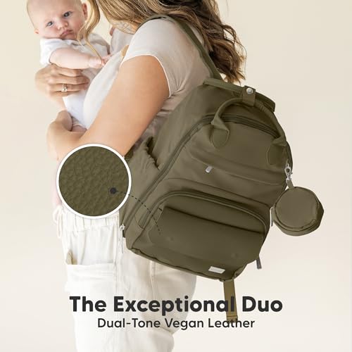 KeaBabies Diaper Bag Backpack - Small Multifunctional Travel Diaper Back Packs, Maternity Baby Changing Bags, 12L Capacity, PU Leather, Waterproof, Unisex, Nappy Changing Pad (Dark Olive, Small) - color: Dark Olive, style: Small / 13" H