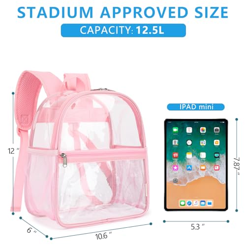 Fammart Clear Backpack Stadium Approved 12x6x12 - Kids & Small Adult Transparent Backpack for School, Work, Sports, Concerts - Clear Bag - color: Pink