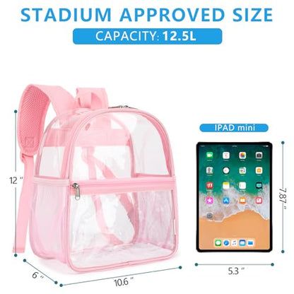 Fammart Clear Backpack Stadium Approved 12x6x12 - Kids & Small Adult Transparent Backpack for School, Work, Sports, Concerts - Clear Bag - color: Pink