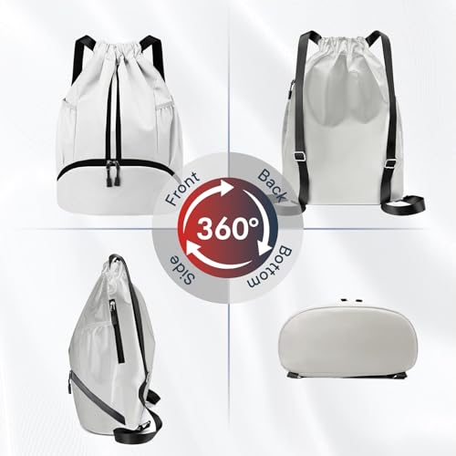 PinCute Drawstring Backpack for Women Men, Gym Bag for Soccer, Basketball, Swim, Beach, Water-Resistant Sports Backpack with Wet Pocket and Shoe Compartment, White - color: White