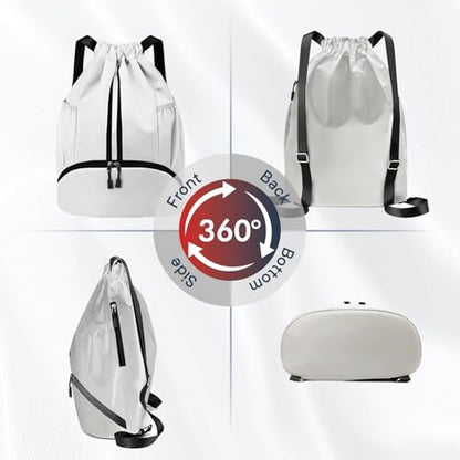 PinCute Drawstring Backpack for Women Men, Gym Bag for Soccer, Basketball, Swim, Beach, Water-Resistant Sports Backpack with Wet Pocket and Shoe Compartment, White - color: White