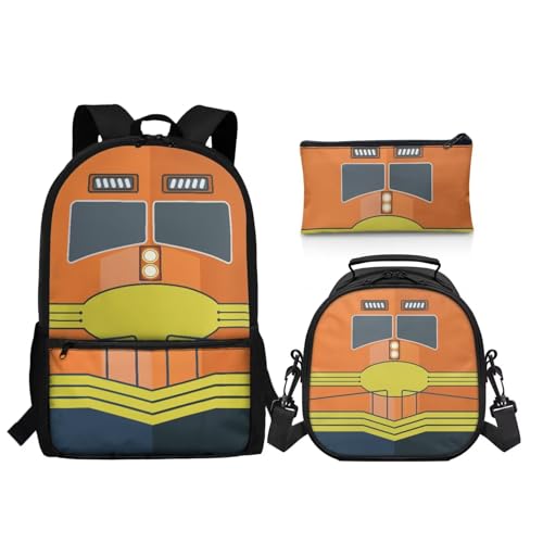 Boys Backpack 3 Pieces Set Cartoon Train Backpacks with Lunch Bag Handbag Pencil Case Set Kids Teen Elementary Middle School Bookbag Daypack - color: Train
