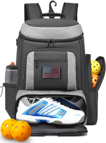 HAMBOLY Premium Pickleball Bag for Men & Women — Large Pickleball Backpack with Padded Paddle Pocket & Shoe Compartment, Tournament Ready with Insulated Cooler & Fence Hook - color: Dark Grey + Light Grey