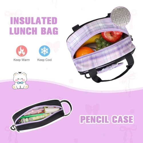 Bevalsa Backpack for Girls, Bow Bookpack with 14oz Insulated Water Bottle, Lunch Bag & Pen Case, Schoolbag for Kids & BPA-FREE Stainless Steel Metal Cup for Elementary Middle Student (Black Purple) - color: Black Purple