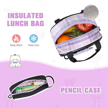 Bevalsa Backpack for Girls, Bow Bookpack with 14oz Insulated Water Bottle, Lunch Bag & Pen Case, Schoolbag for Kids & BPA-FREE Stainless Steel Metal Cup for Elementary Middle Student (Black Purple) - color: Black Purple