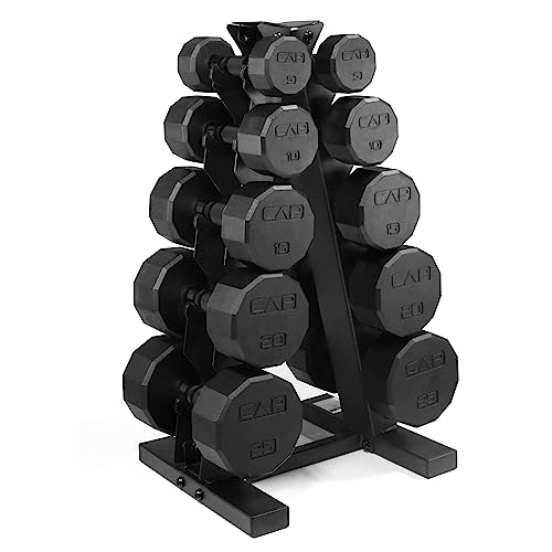 CAP Rubber Coated Hex Dumbbell Set with Storage Rack | 100–210 lb Options, Space-Saving Vertical Compact Storage for Home Gym Strength Training - size: 150 lb - Set, style: 12-Sided Black Handle