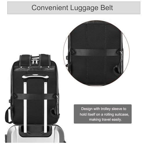 Genuine Leather Backpack Men Casual Daypack 15.6 Inch Laptop Rucksack Business Travel Outdoor Shoulder Bag with Trolley Sleeve (Black) - color: 8028-black
