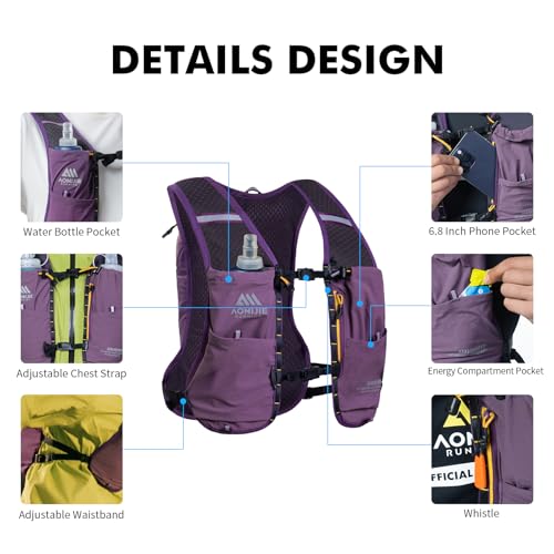 AONIJIE Running Hydration Vest for Men Women 8L Backpack with 500ml Soft Flask Water Bottle - style: Purple