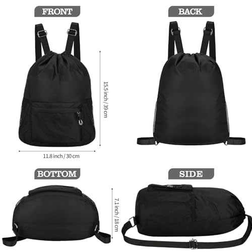 Waterproof Drawstring Bag, Lightweight String Backpack with Water Bottle Holder and Pockets, Gym Sports Cinch Sackpack (Black) - color: Black