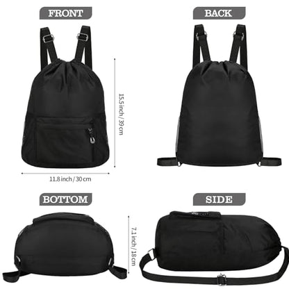 Waterproof Drawstring Bag, Lightweight String Backpack with Water Bottle Holder and Pockets, Gym Sports Cinch Sackpack (Black) - color: Black