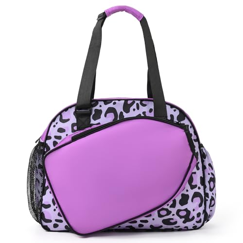 Boulder Bee Pickleball Bags, Premium Pickleball Tote Bag for Girls, Women’s Hand/Shoulder Gym Bag w Water Bottle Holder, with Pickleball Racquet/Paddle Holder - color: Leopard print-purple