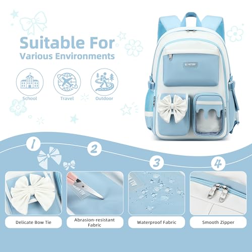 School Backpack for Girls 3PCS Nylon Kids Backpack Set with Lunch Box & Pencil Pouch, Cute Lightweight Teen Girls School Bag Laptop Bag Travel Daypack for Elementary Middle High School Beige Blue - color: Blue