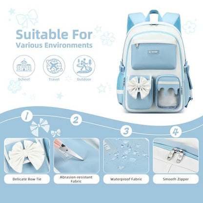 School Backpack for Girls 3PCS Nylon Kids Backpack Set with Lunch Box & Pencil Pouch, Cute Lightweight Teen Girls School Bag Laptop Bag Travel Daypack for Elementary Middle High School Beige Blue - color: Blue