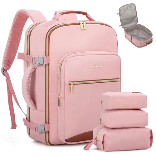 LOVEVOOK 40L Travel Backpack Flight Approved Carry on Backpack,3 Packing Cubes,Waterproof Personal Item Travel Bag,TSA Carry on Luggage Suitcase Travel Essentials,Gifts for Women & Men,fits 17" Laptop - color: Pink-brown, size: Large-40L-4Pcs