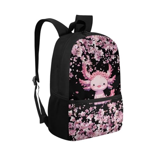 ZOUTAIRONG Casual Backpack and Small Water Bottle Cherry Blossom Axolotl School Bags for Girls 7-10/10-12/12-16, Large Capacity Lightweight Bookbag with Side Pockets - color: Cherry Blossom Axolotl