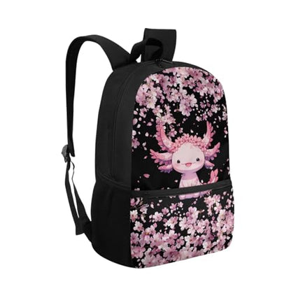 ZOUTAIRONG Casual Backpack and Small Water Bottle Cherry Blossom Axolotl School Bags for Girls 7-10/10-12/12-16, Large Capacity Lightweight Bookbag with Side Pockets - color: Cherry Blossom Axolotl