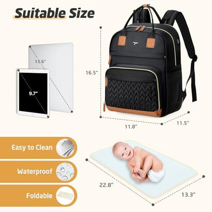 Diaper Bag Backpack - Extra Large Diaper Backpack for 2 Kids Twin, Travel Baby Bags for Mom Dad 25-37L Expandable with Changing Pad, Quilted Pure Black - color: Quilted_pure Black