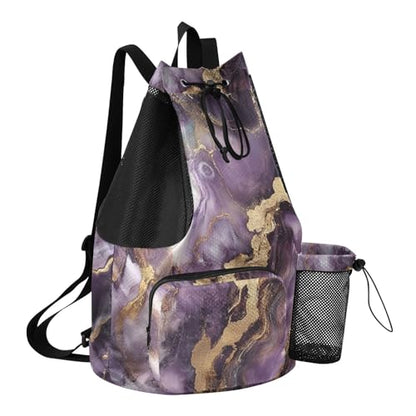 Beach Drawstring Bags Pool Bag With Water Bottle Pocket Cinch Back Sack Wet and Dry Separation Purple and Gold Marble Texture - color: Color 26