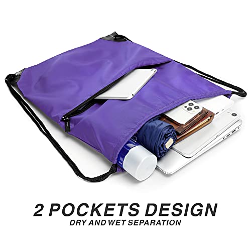 Drawstring Backpack Sports Water Resistant String Bag Sport Gym Sackpack for Women Men Large with Zipper, Purple - color: Purple